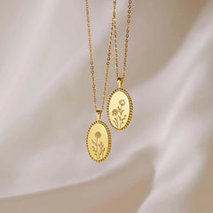 Personalized Birth Flower Oval Pendant Necklace