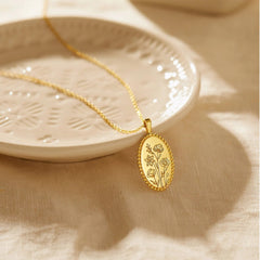 Personalized Birth Flower Oval Pendant Necklace