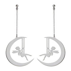 Fairy on Crescent Moon Dangle Earrings