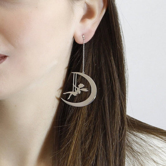 Fairy on Crescent Moon Dangle Earrings