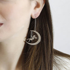 Fairy on Crescent Moon Dangle Earrings