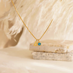 Custom Dainty Initial Birthstone Necklace with Box Chain
