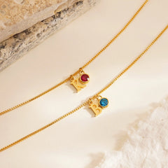 Custom Dainty Initial Birthstone Necklace with Box Chain
