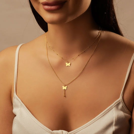 Stylish Double Layered Chain Butterfly Necklace
