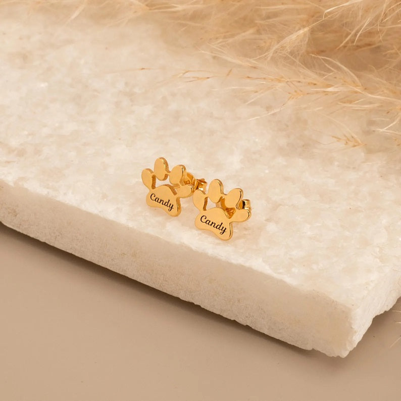 Sterling silver paw print earrings with pet name