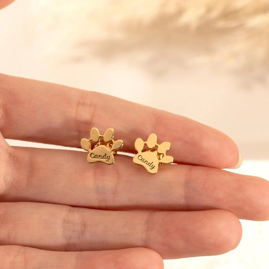 Dainty Engraved Paw Print Name Earrings