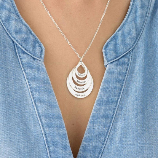 Engraved Sterling Silver Family Four Drops Necklace