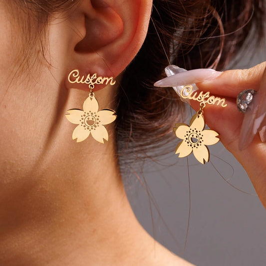 Custom Name Floral And Cherry Blossom Drop Earrings