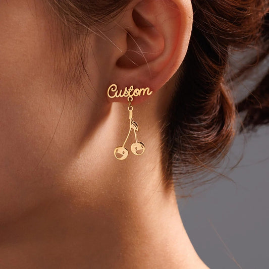 Custom Name Floral And Cherry Blossom Drop Earrings