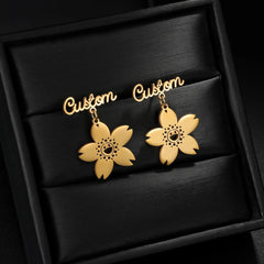 Custom Name Floral And Cherry Blossom Drop Earrings