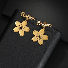 Custom Name Floral And Cherry Blossom Drop Earrings