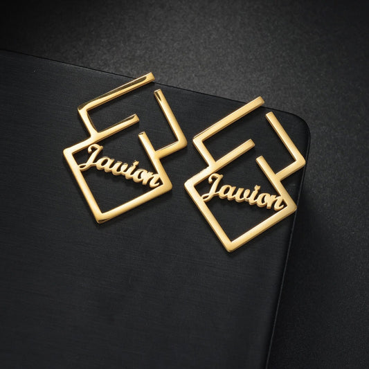 Jeluxa Custom Geometric Name Earrings – Personalized Gold Plated Statement Jewelry