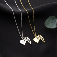 Custom Name On Heart With Angle Wings Necklace