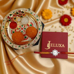 Sterling Silver “Bhai” Engraved Mandala Rakhi – Red-Yellow Thread by Jeluxa