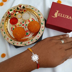 Sterling Silver “Bhai” Engraved Mandala Rakhi – Red-Yellow Thread by Jeluxa
