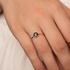 Personalized Initial Signet Ring with Black Enamel Stacker