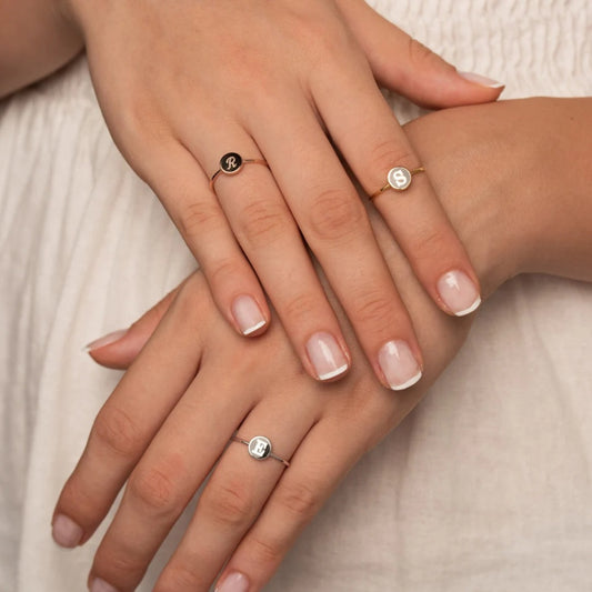 Personalized Initial Signet Ring with Black Enamel Stacker