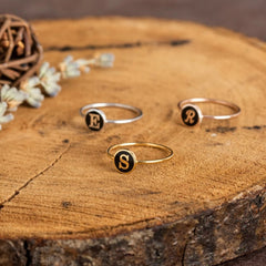 Personalized Initial Signet Ring with Black Enamel Stacker