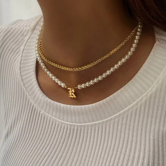 Personalized Old English Initial Pearl Beaded Necklace