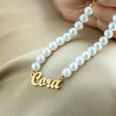 Gold Script Name and Faux Pearl Beaded Necklace
