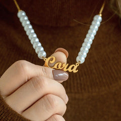 Gold Script Name and Faux Pearl Beaded Necklace