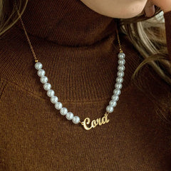 Gold Script Name and Faux Pearl Beaded Necklace