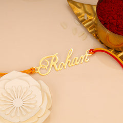 Custom Name Rakhi for Brother – 18K Gold Plated Signature Style - Handcrafted by Jeluxa