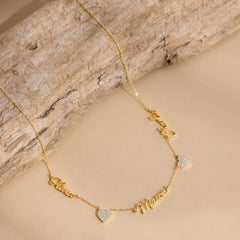 Personalized Custom Three Name With Dimond Heart Necklace