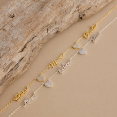 Personalized Custom Three Name With Dimond Heart Necklace