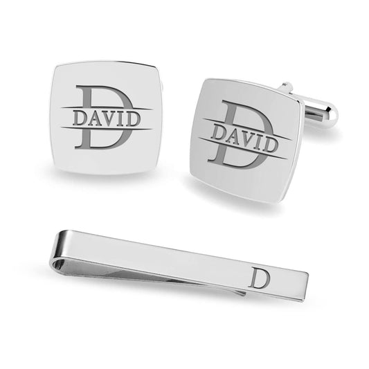 Personalized Initial or Name Square Cufflinks and Tie Clip Set