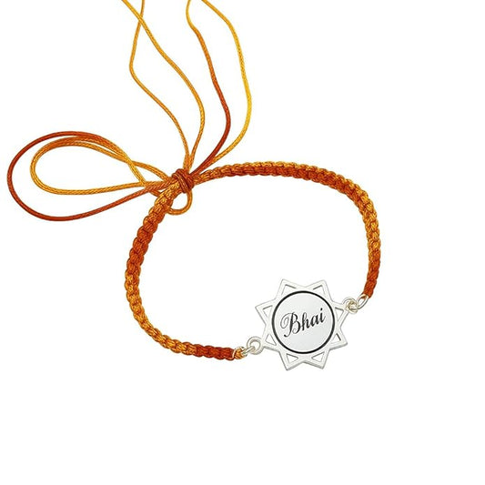 Sterling Silver “Bhai” Engraved Mandala Rakhi – Red-Yellow Thread by Jeluxa