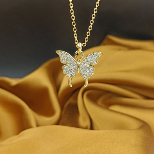Gold Plated Diamond Butterfly Pendant With Chain