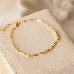 Custom Engraved Name Bar Bracelet With Dainty Paperclip Chain