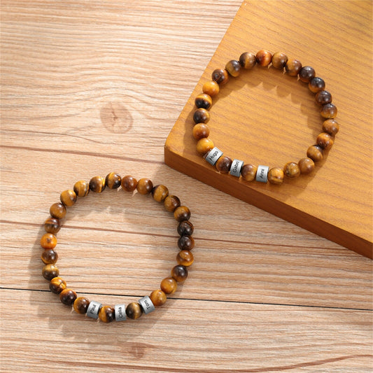 Custom Name Bracelet for Men – Tiger Eye Beads with Engraved Charms
