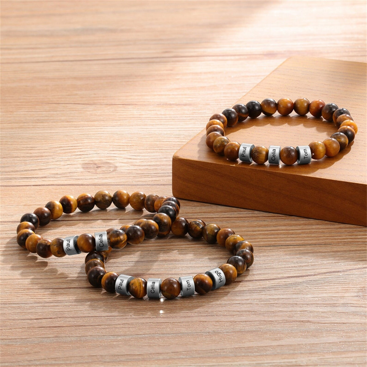 Custom Name Bracelet for Men – Tiger Eye Beads with Engraved Charms