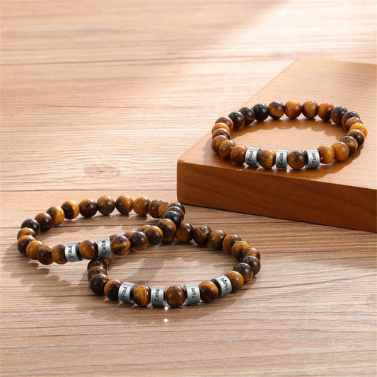 Custom Name Bracelet for Men – Tiger Eye Beads with Engraved Charms