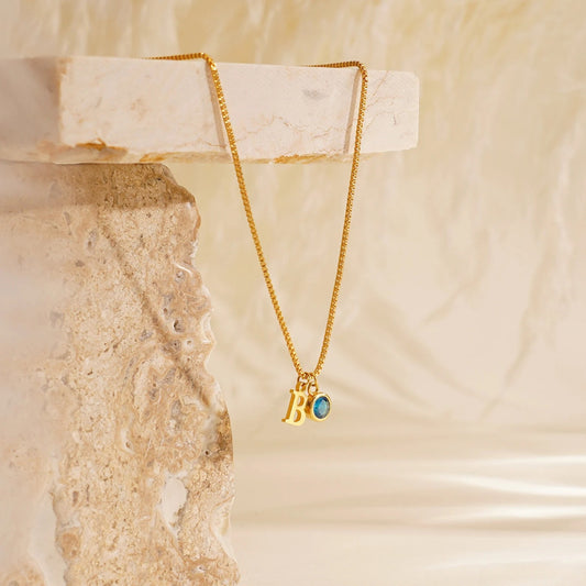 Custom Dainty Initial Birthstone Necklace with Box Chain