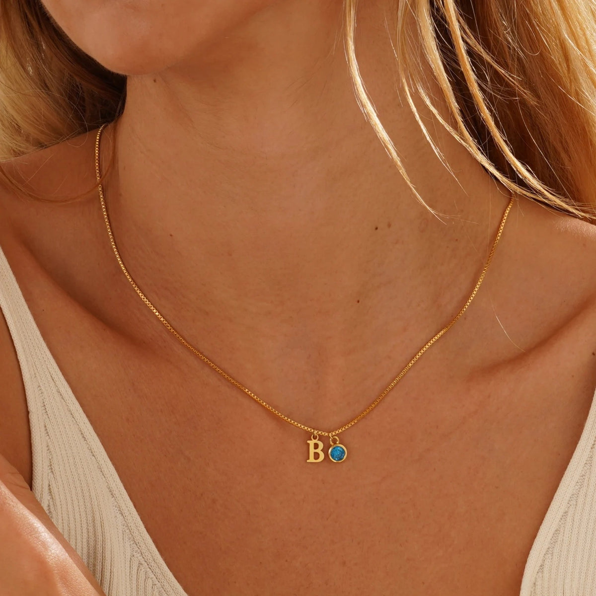 Custom Dainty Initial Birthstone Necklace with Box Chain