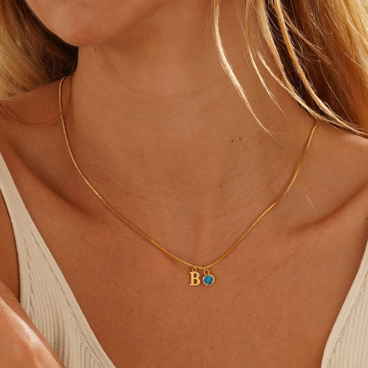 Custom Dainty Initial Birthstone Necklace with Box Chain