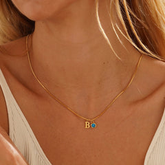 Custom Dainty Initial Birthstone Necklace with Box Chain