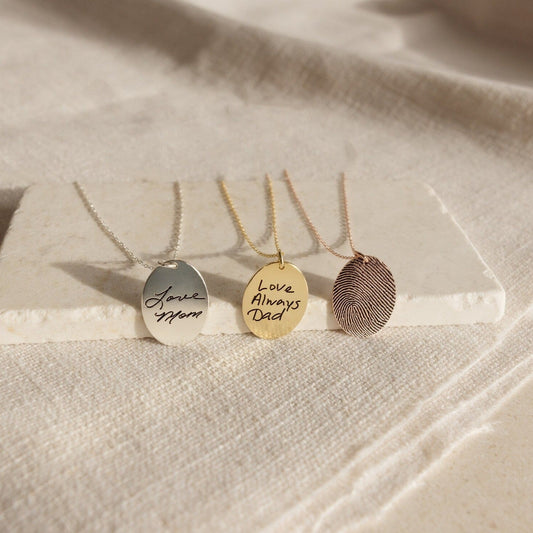 Customized Oval Fingerprint Necklace With Custom Handwriting Text
