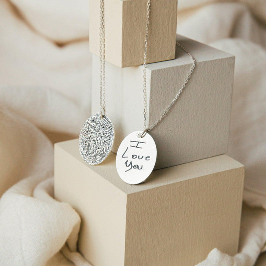 Customized Oval Fingerprint Necklace With Custom Handwriting Text