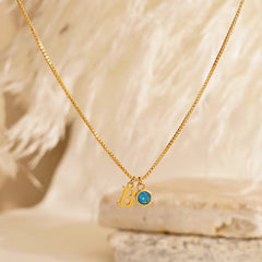 Dainty Initial Birthstone Necklace with Box Chain