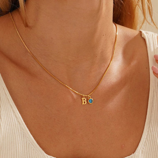 Dainty Initial Birthstone Necklace with Box Chain