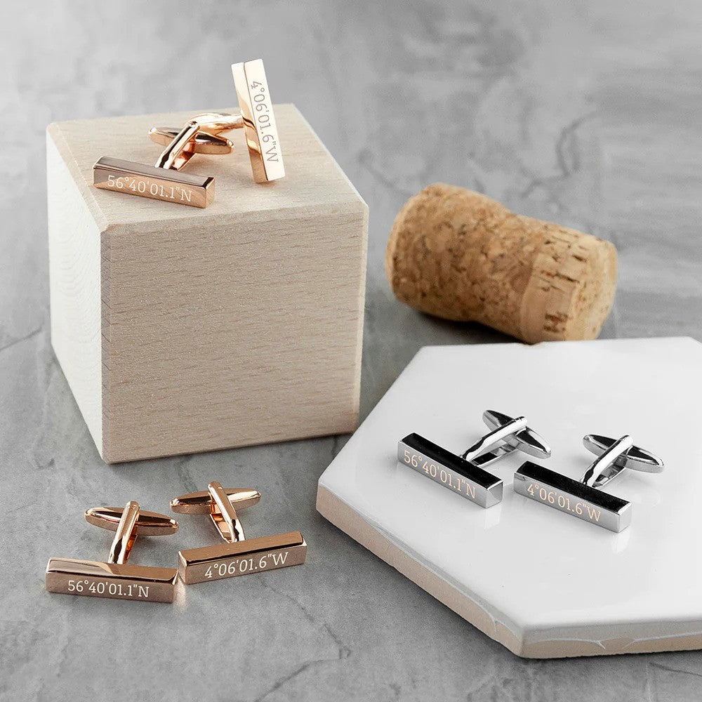 Engraved Special Coordinates Bar Cufflinks