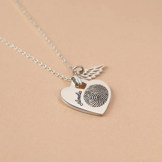 Personalised Fingerprint Heart with Angle Wing Pendant Necklace - Jeluxa