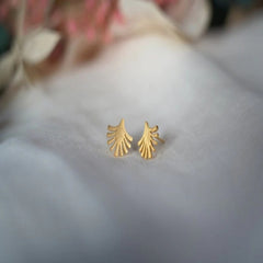 Minimalist Fan Leaf Stud Earrings – Elegant Matte Gold Finish by Jeluxa