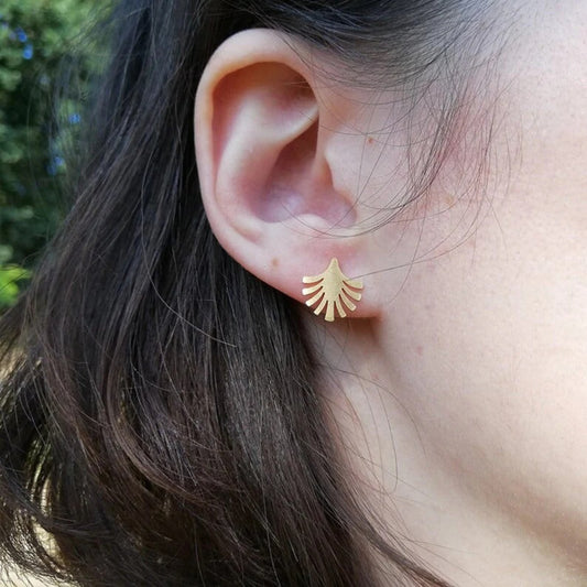 Minimalist Fan Leaf Stud Earrings – Elegant Matte Gold Finish by Jeluxa