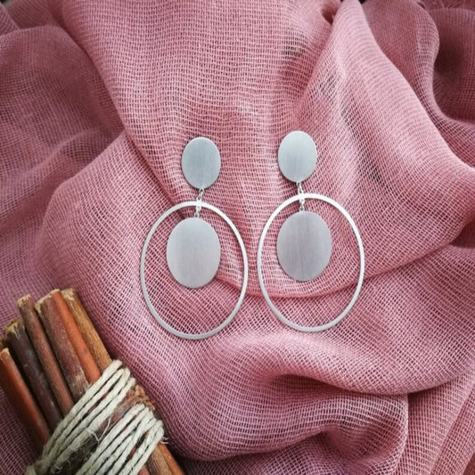 Geometric Double Circle Drop Earrings – Matte Silver Statement by Jeluxa