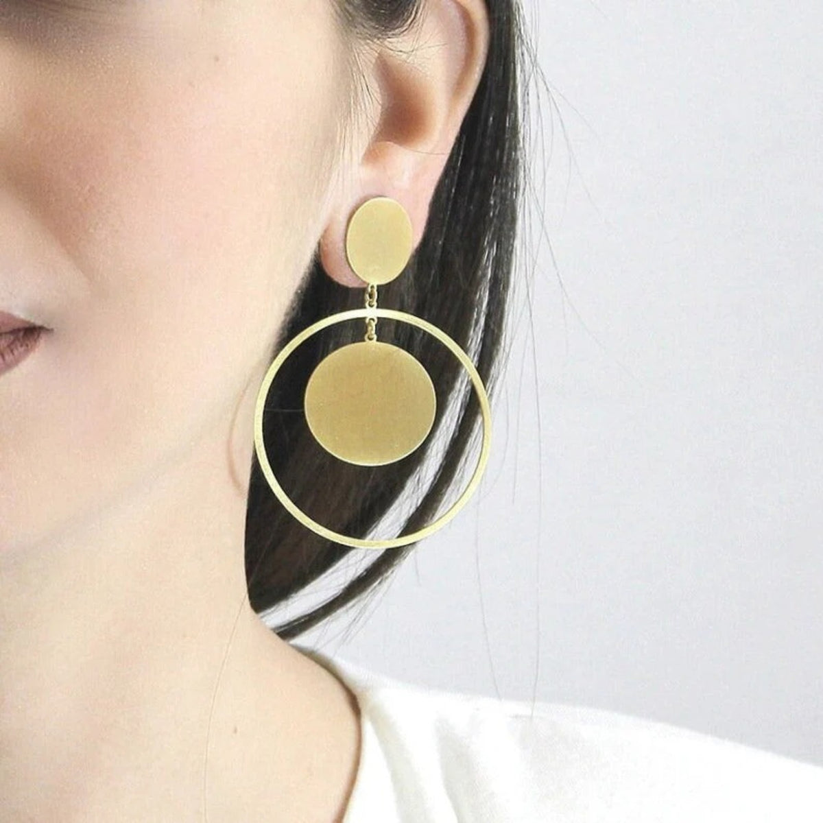 Geometric Double Circle Drop Earrings – Matte Silver Statement by Jeluxa